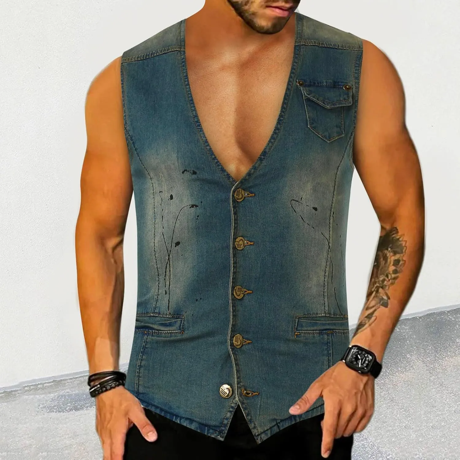 Chaqueta Denim Vest Para Hombre Slim Fit Button Down Sleeveless Shirts for Men Retro Distressed Destroyed Jeans Jacket