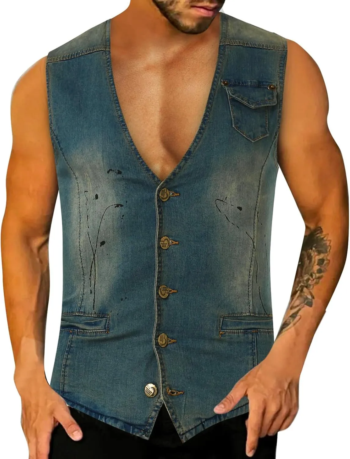 Chaqueta Denim Vest Para Hombre Slim Fit Button Down Sleeveless Shirts for Men Retro Distressed Destroyed Jeans Jacket