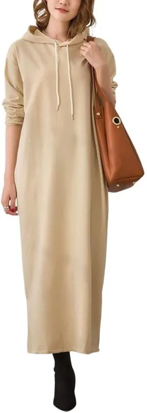 chouyatou Women's Basic Solid Long Sleeve Sweatshirt Hoodie Maxi Dress With Pockets