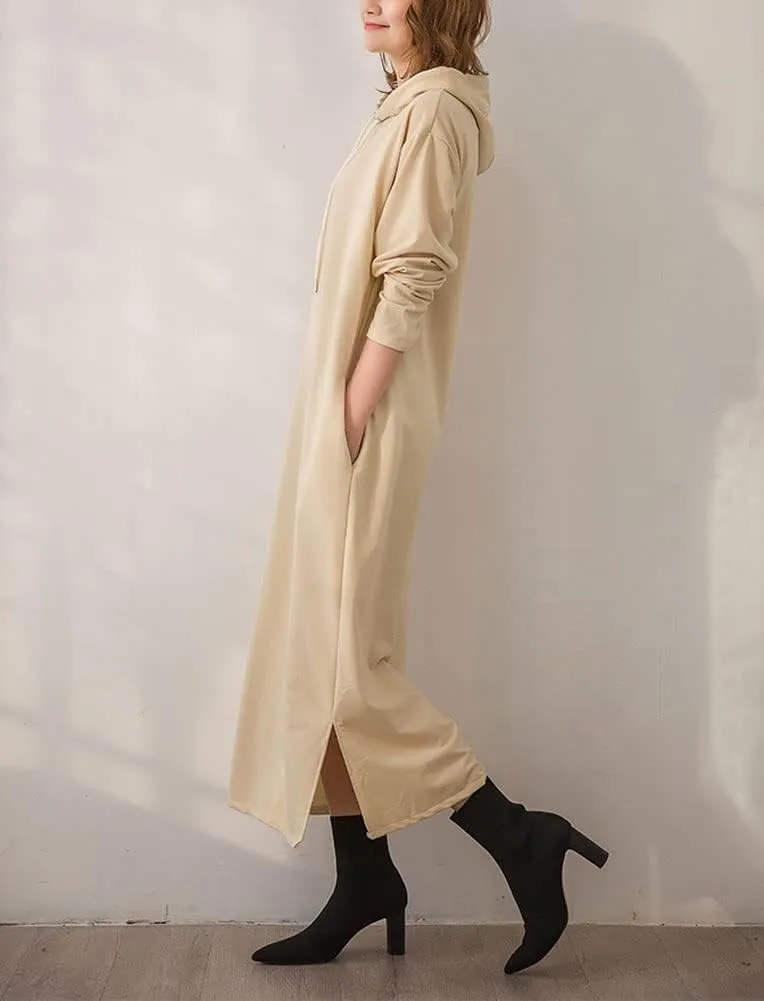 chouyatou Women's Basic Solid Long Sleeve Sweatshirt Hoodie Maxi Dress With Pockets