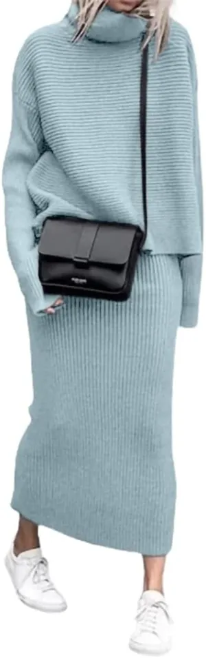 chouyatou Women's Turtleneck 2 Piece Outfits Ribbed Knit Sweater Midi Pencil Skirt Set