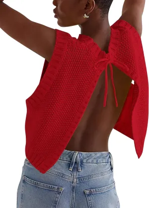 Cioatin Women Y2K Backless Tie Up Knit Crop Sweater Vest Sleeveless Round Neck Split Open Back Pullover Summer Tank Tops