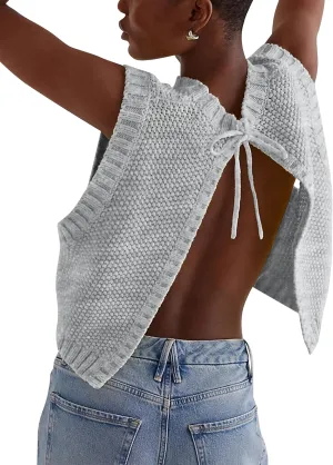 Cioatin Women Y2K Backless Tie Up Knit Crop Sweater Vest Sleeveless Round Neck Split Open Back Pullover Summer Tank Tops
