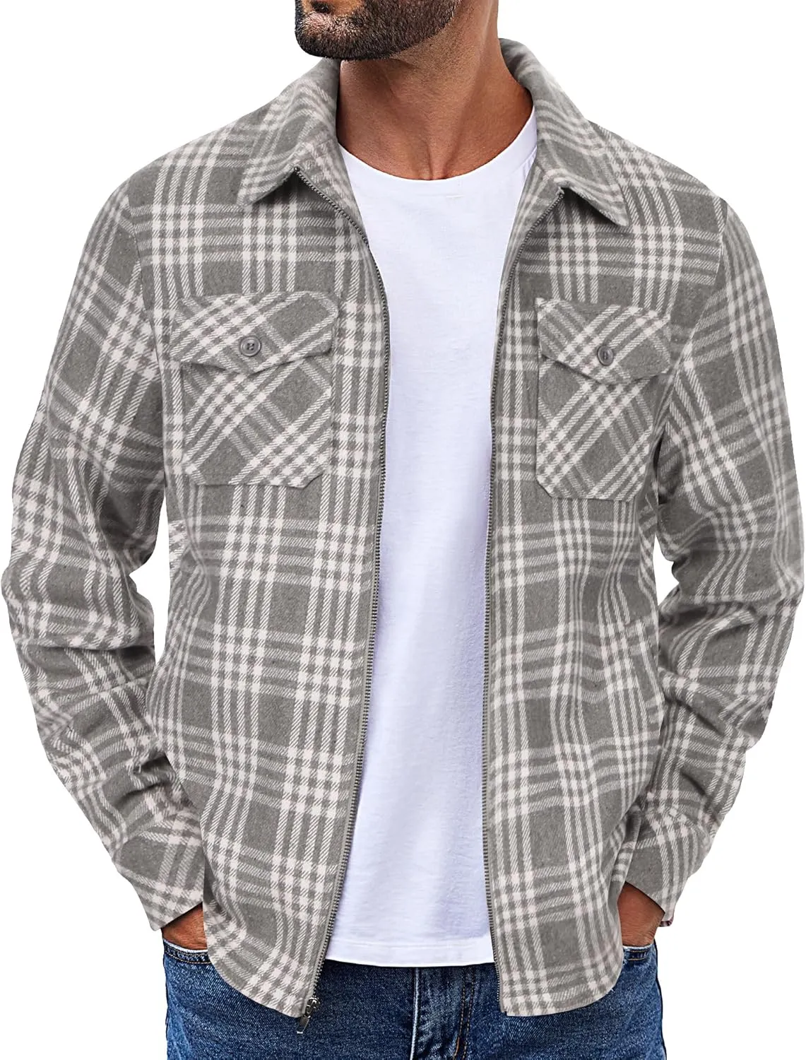COOFANDY Men Flannel Jackets Full Zip Up Plaid Shirt Shackets Cotton Lightweight Jackets Casual Stylish Fall Jackets 2024