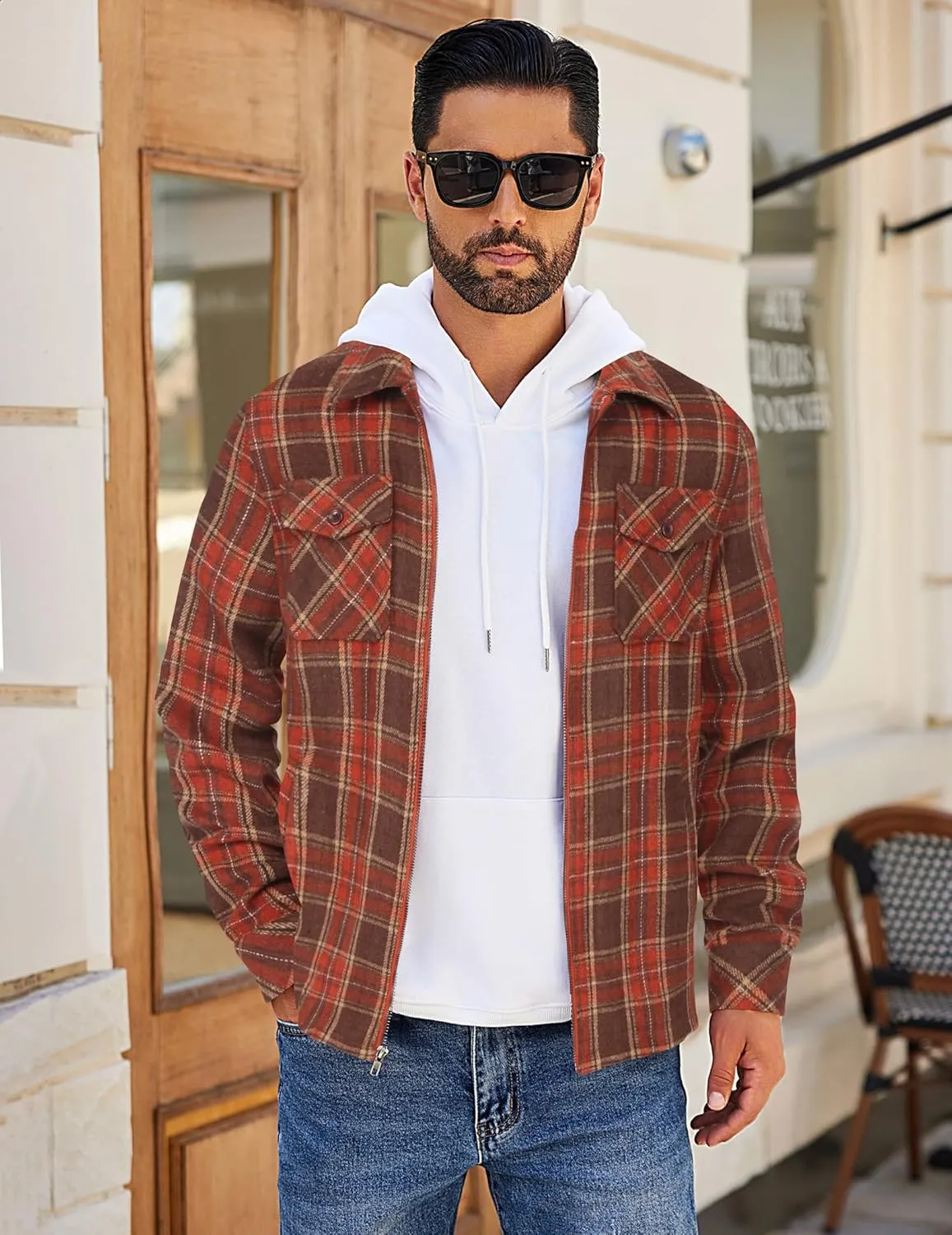 COOFANDY Men Flannel Jackets Full Zip Up Plaid Shirt Shackets Cotton Lightweight Jackets Casual Stylish Fall Jackets 2024
