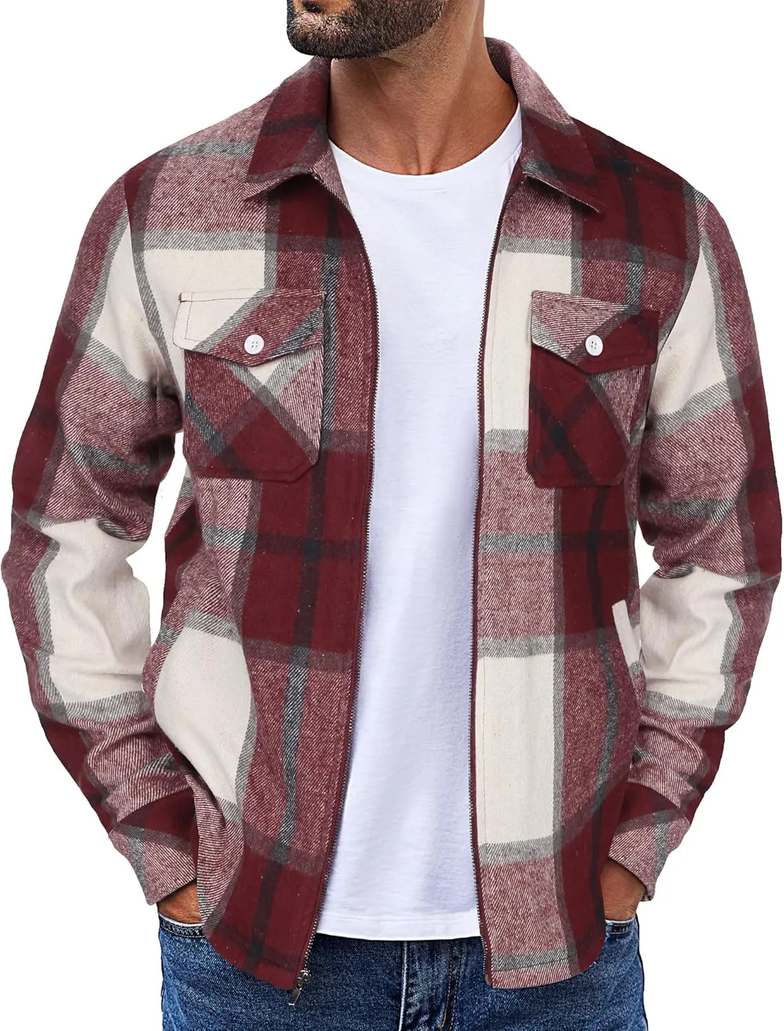 COOFANDY Men Flannel Jackets Full Zip Up Plaid Shirt Shackets Cotton Lightweight Jackets Casual Stylish Fall Jackets 2024