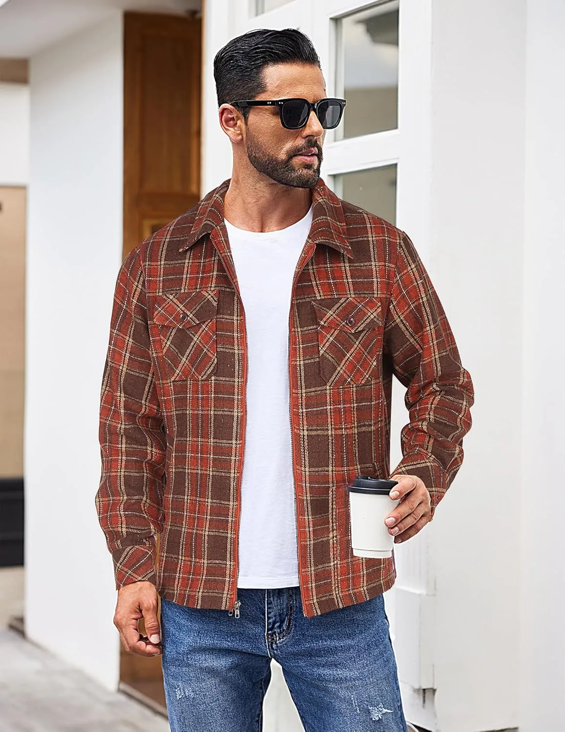 COOFANDY Men Flannel Jackets Full Zip Up Plaid Shirt Shackets Cotton Lightweight Jackets Casual Stylish Fall Jackets 2024