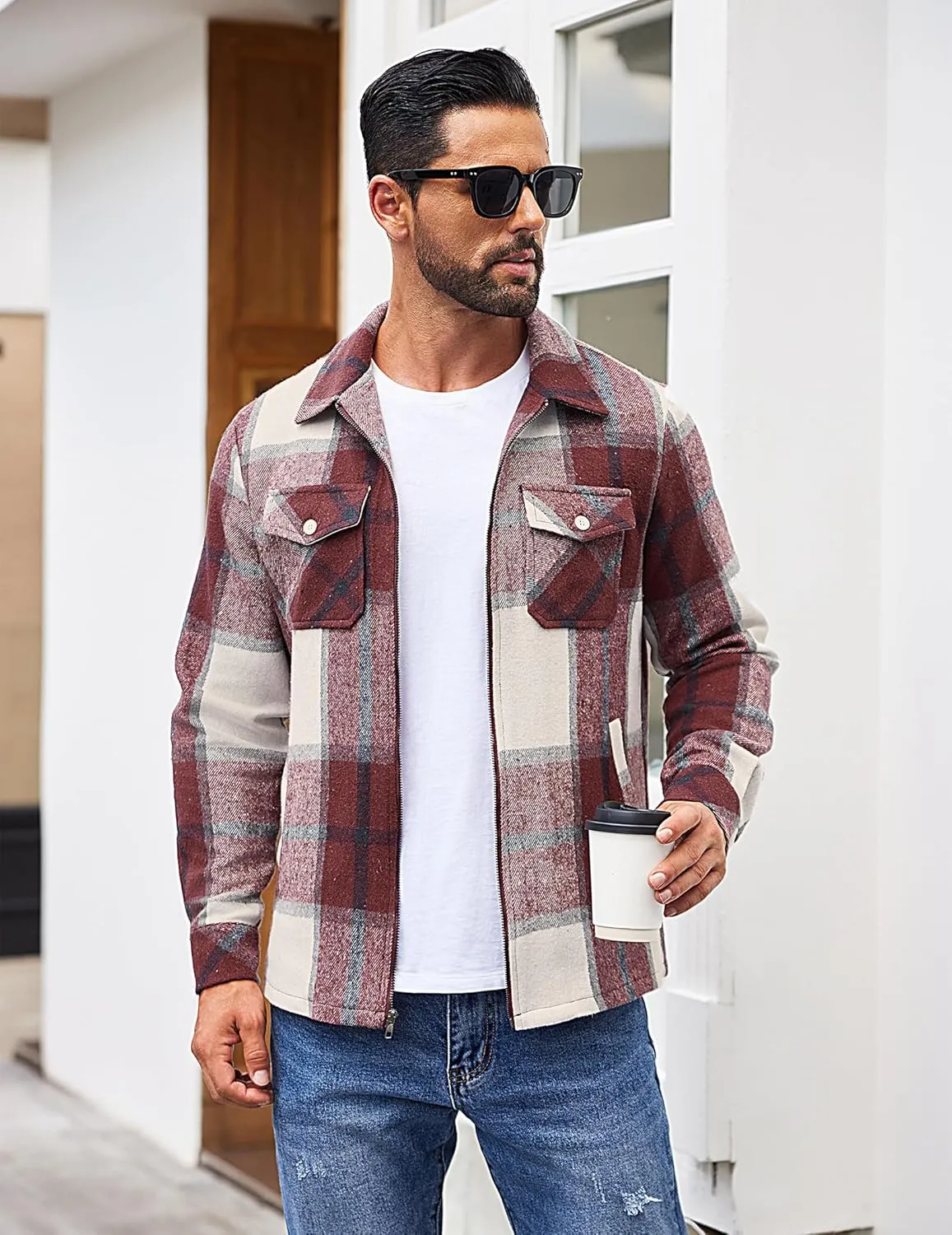 COOFANDY Men Flannel Jackets Full Zip Up Plaid Shirt Shackets Cotton Lightweight Jackets Casual Stylish Fall Jackets 2024