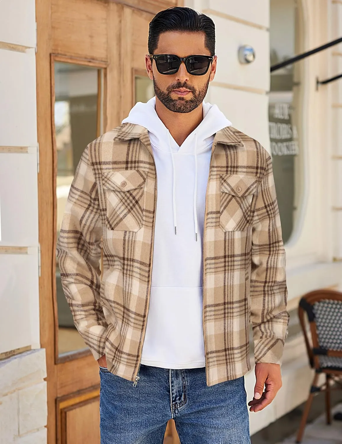 COOFANDY Men Flannel Jackets Full Zip Up Plaid Shirt Shackets Cotton Lightweight Jackets Casual Stylish Fall Jackets 2024