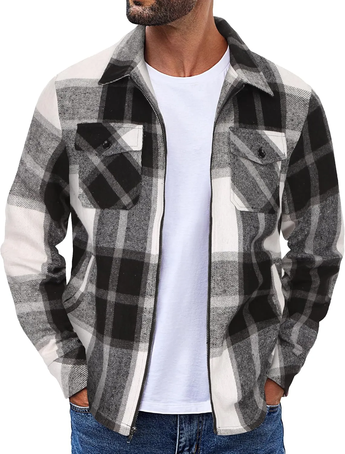 COOFANDY Men Flannel Jackets Full Zip Up Plaid Shirt Shackets Cotton Lightweight Jackets Casual Stylish Fall Jackets 2024