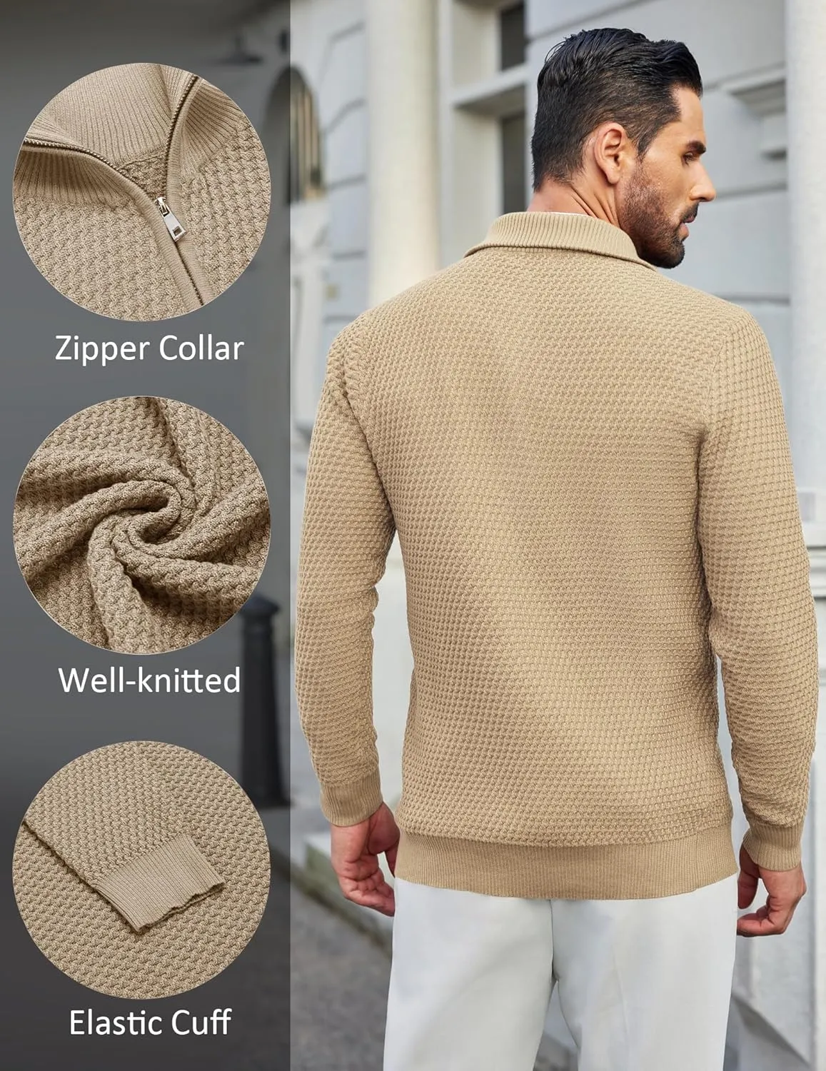 COOFANDY Mens Quarter Zip Pullover Sweater Slim Fit Waffle Mock Turtleneck Polo Sweater Casual Long Sleeve Sweatshirt