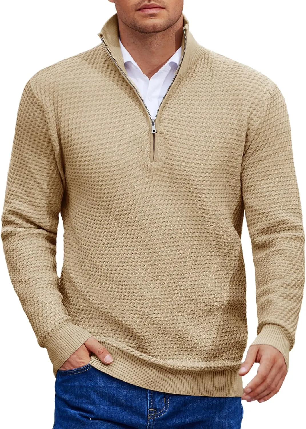 COOFANDY Mens Quarter Zip Pullover Sweater Slim Fit Waffle Mock Turtleneck Polo Sweater Casual Long Sleeve Sweatshirt