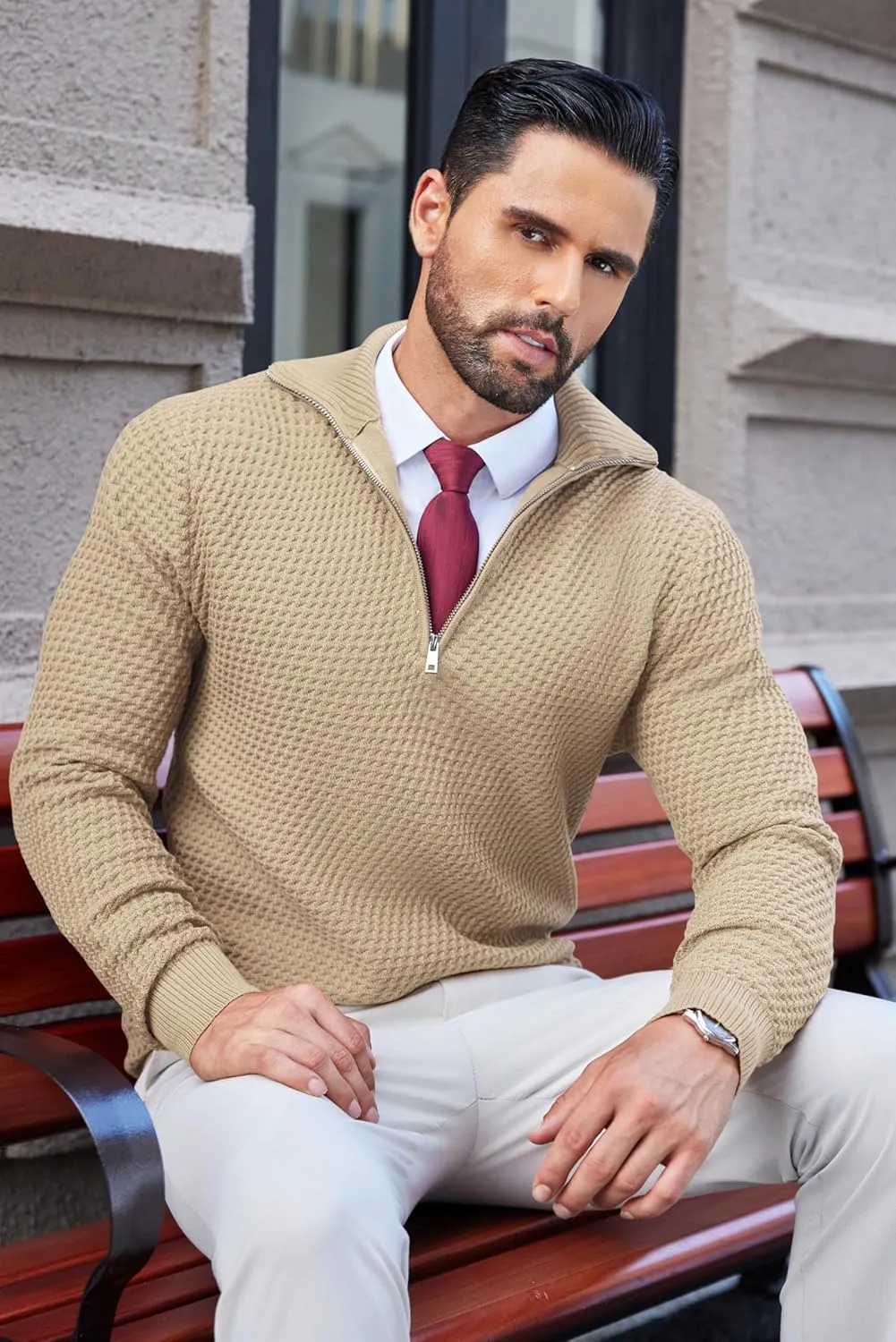 COOFANDY Mens Quarter Zip Pullover Sweater Slim Fit Waffle Mock Turtleneck Polo Sweater Casual Long Sleeve Sweatshirt