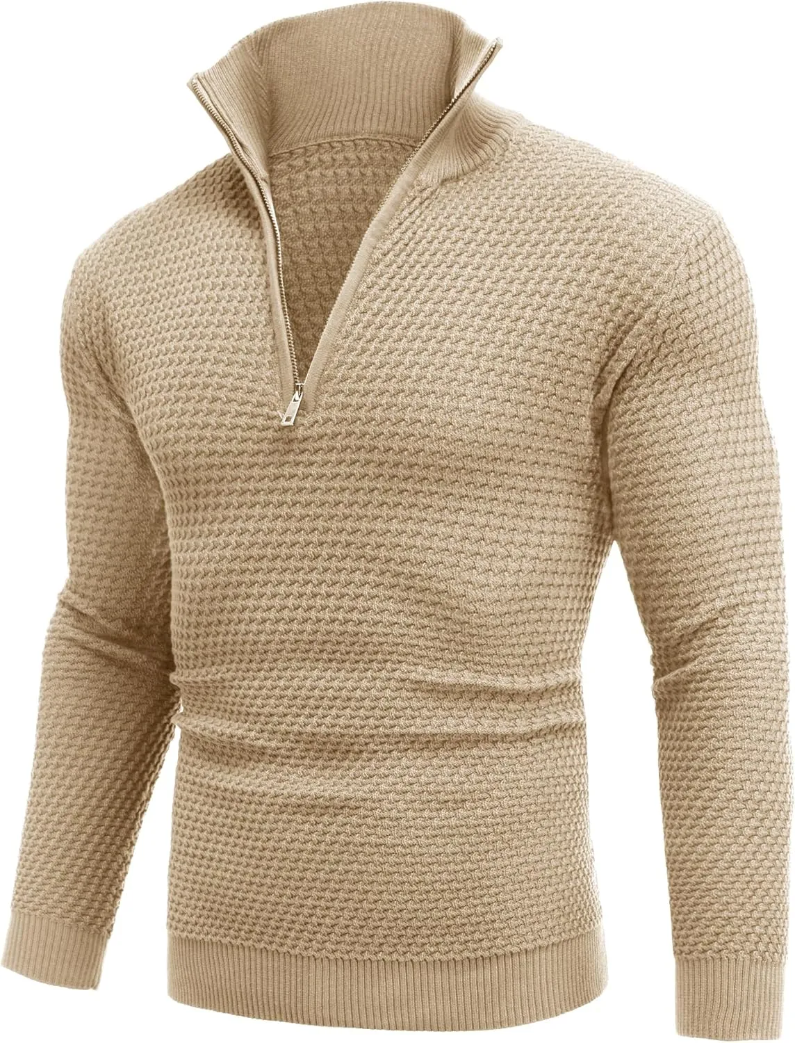 COOFANDY Mens Quarter Zip Pullover Sweater Slim Fit Waffle Mock Turtleneck Polo Sweater Casual Long Sleeve Sweatshirt