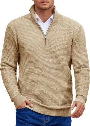 COOFANDY Mens Quarter Zip Pullover Sweater Slim Fit Waffle Mock Turtleneck Polo Sweater Casual Long Sleeve Sweatshirt