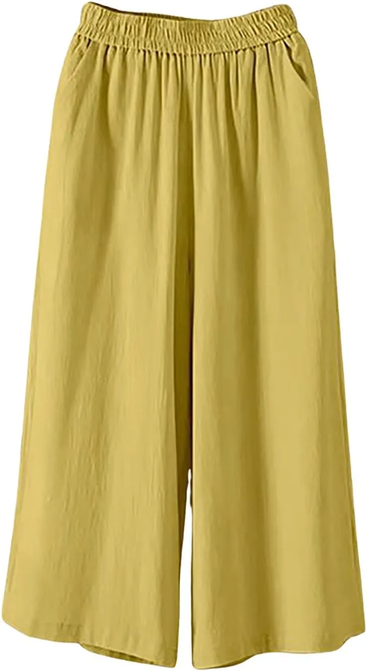 Cotton Linen Capri Pants for Women Casual Summer Capris Elastic High Waist Pants Wide Leg Cropped Trousers
