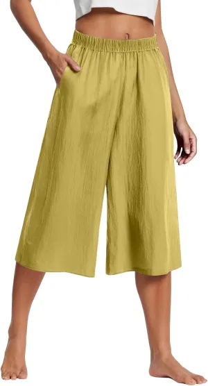 Cotton Linen Capri Pants for Women Casual Summer Capris Elastic High Waist Pants Wide Leg Cropped Trousers