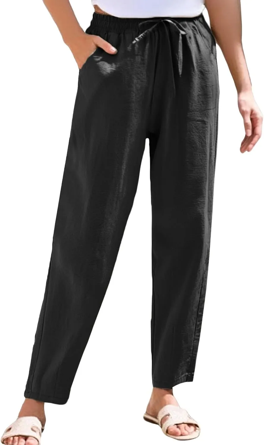 Cotton Linen Capri Pants for Women,Dress Sweatpants Wide Leg Cargo Trousers Leg High Waisted Petite