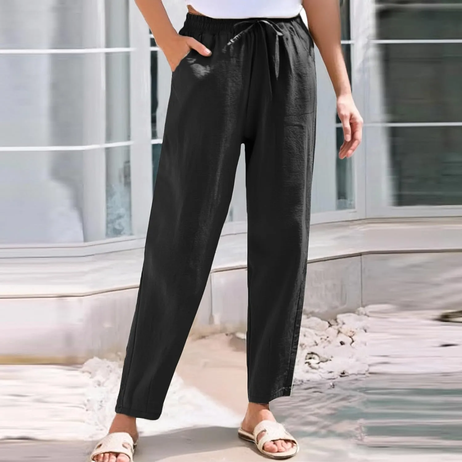 Cotton Linen Capri Pants for Women,Dress Sweatpants Wide Leg Cargo Trousers Leg High Waisted Petite