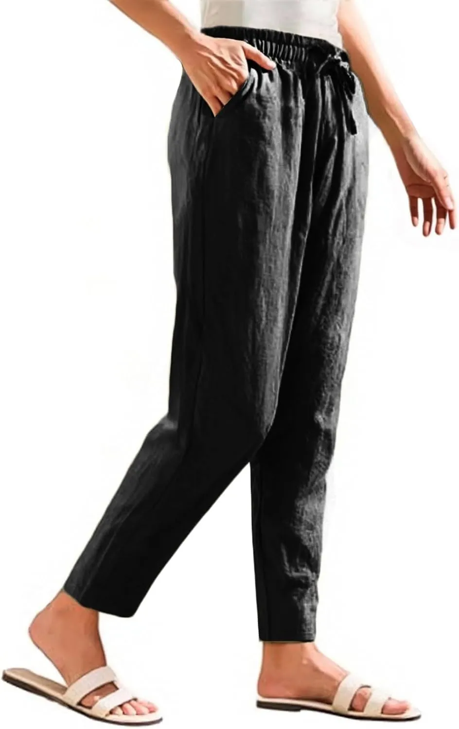 Cotton Linen Capri Pants for Women,Dress Sweatpants Wide Leg Cargo Trousers Leg High Waisted Petite