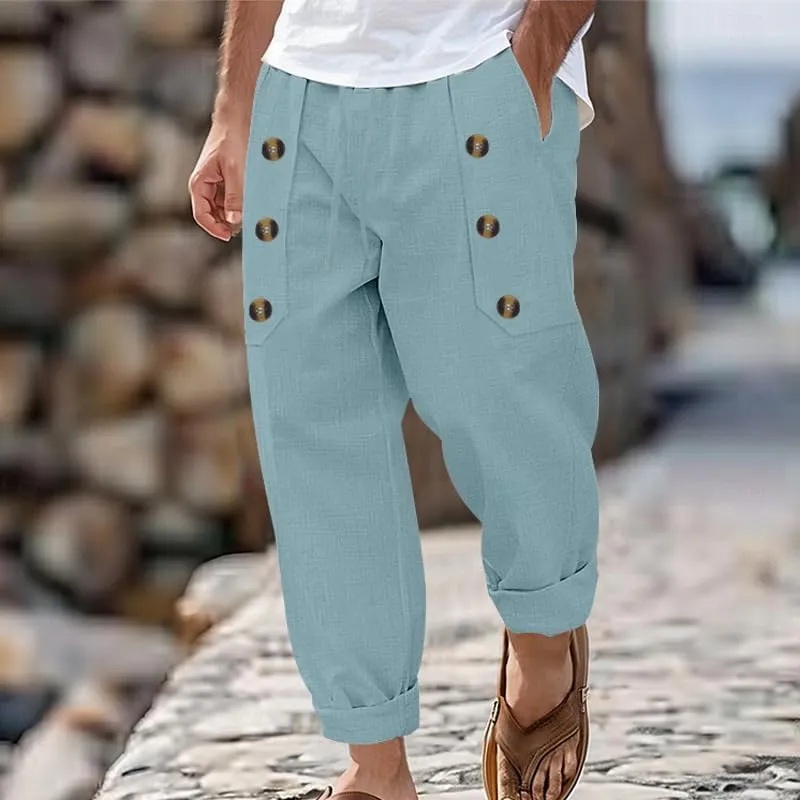 Cotton Linen Pants for Men Button Straight Wide Leg Casual Loose Fit Lightweight Solid Pants Outdoor Beach Trousers