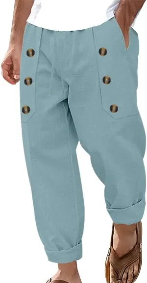 Cotton Linen Pants for Men Button Straight Wide Leg Casual Loose Fit Lightweight Solid Pants Outdoor Beach Trousers