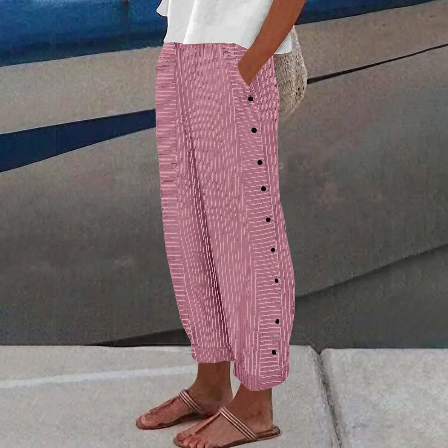 Cotton Linen Pants for Women Striped Print Side Button Pants Baggy Elastic Waist Straight Leg Trousers w Pocket