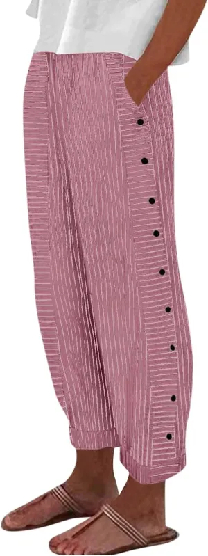 Cotton Linen Pants for Women Striped Print Side Button Pants Baggy Elastic Waist Straight Leg Trousers w Pocket