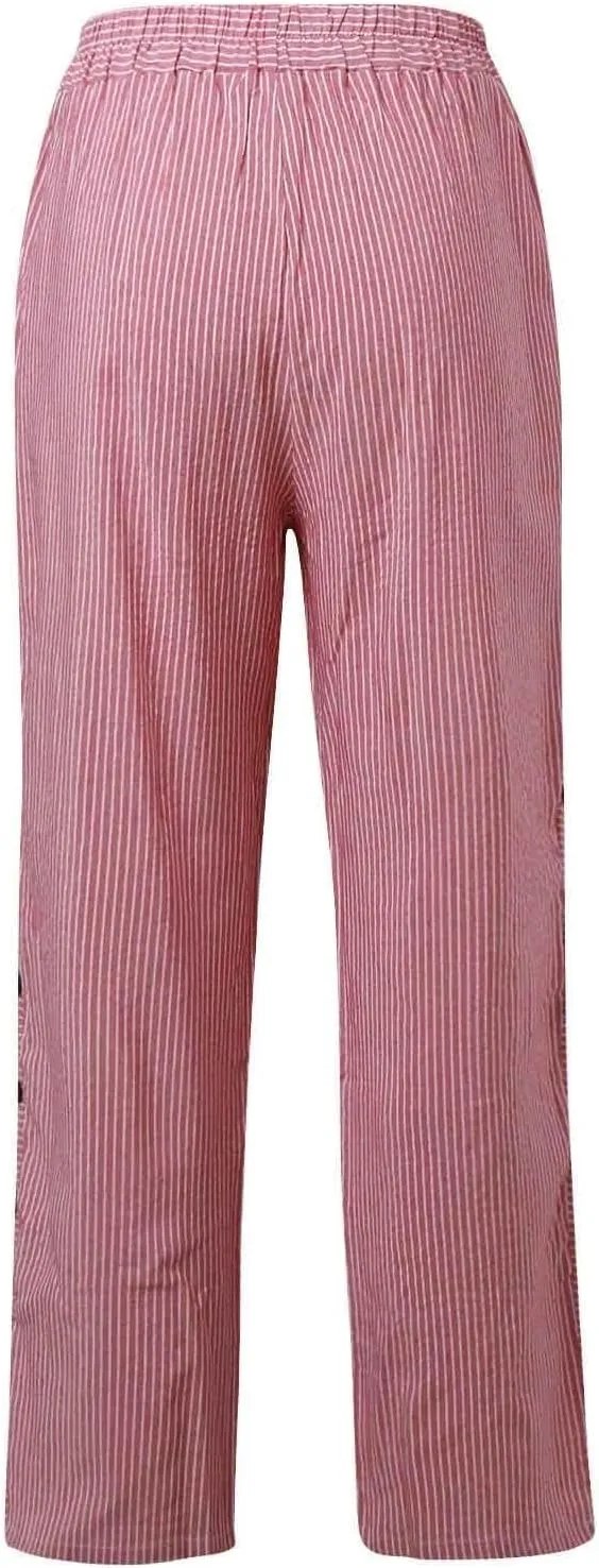 Cotton Linen Pants for Women Striped Print Side Button Pants Baggy Elastic Waist Straight Leg Trousers w Pocket