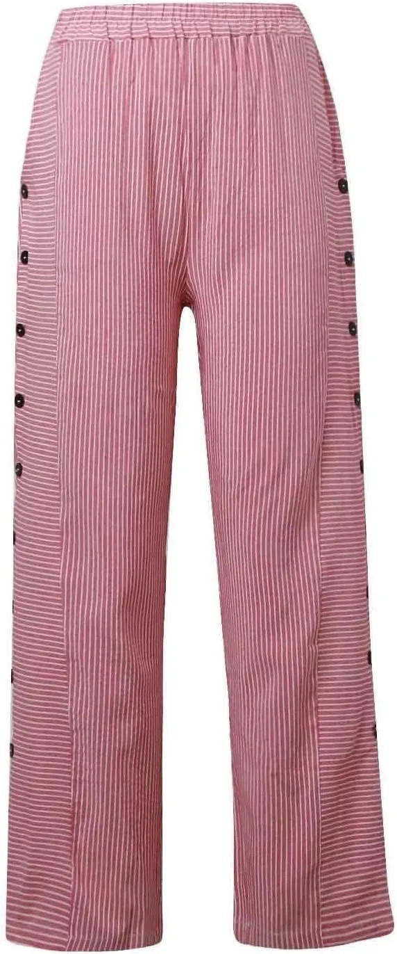 Cotton Linen Pants for Women Striped Print Side Button Pants Baggy Elastic Waist Straight Leg Trousers w Pocket