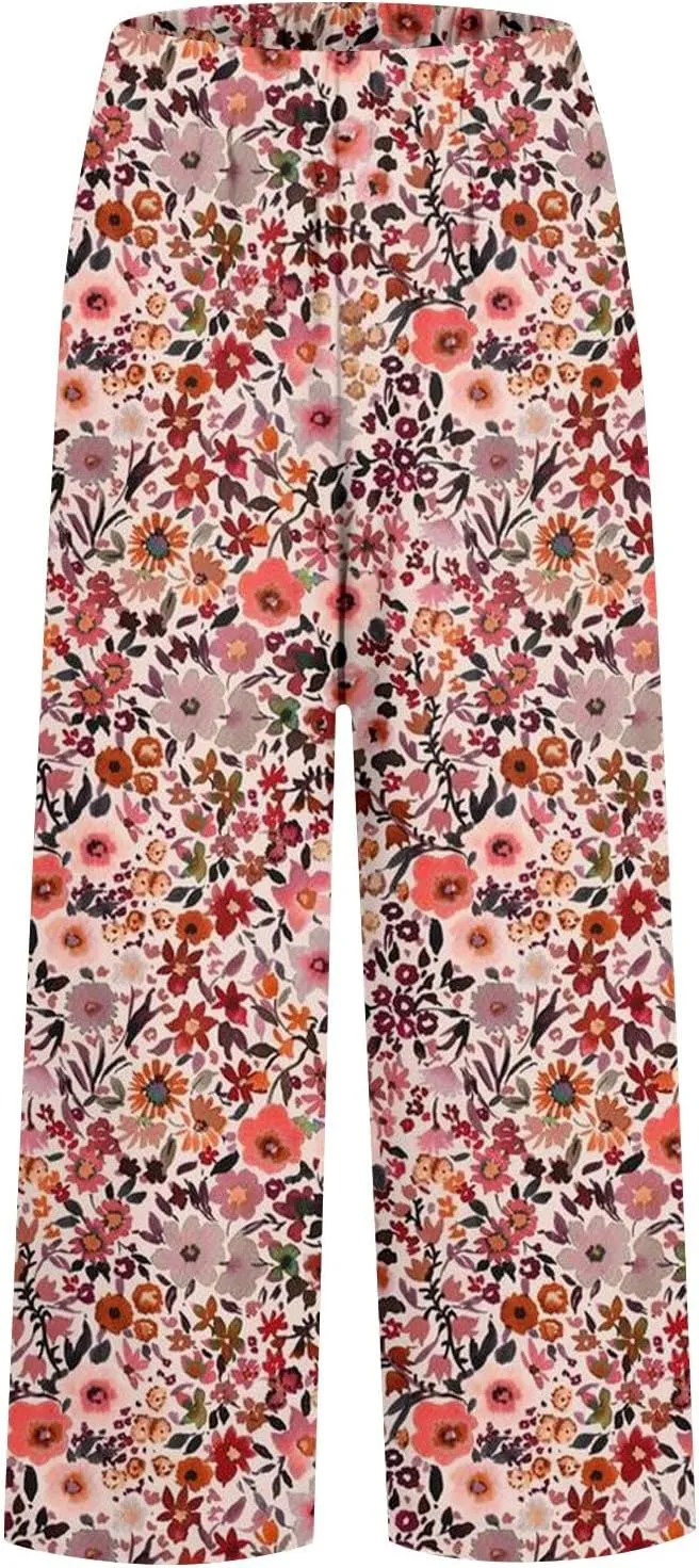 Cotton Linen Pants for Women Summer Retro Floral Cropped Elastic Waist Wide Leg Boho Beach Trouser with Pockets