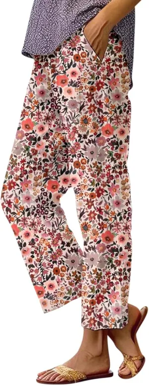 Cotton Linen Pants for Women Summer Retro Floral Cropped Elastic Waist Wide Leg Boho Beach Trouser with Pockets