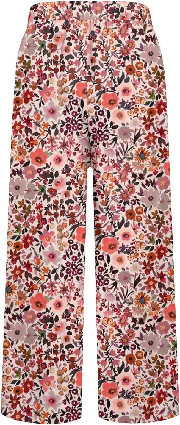 Cotton Linen Pants for Women Summer Retro Floral Cropped Elastic Waist Wide Leg Boho Beach Trouser with Pockets