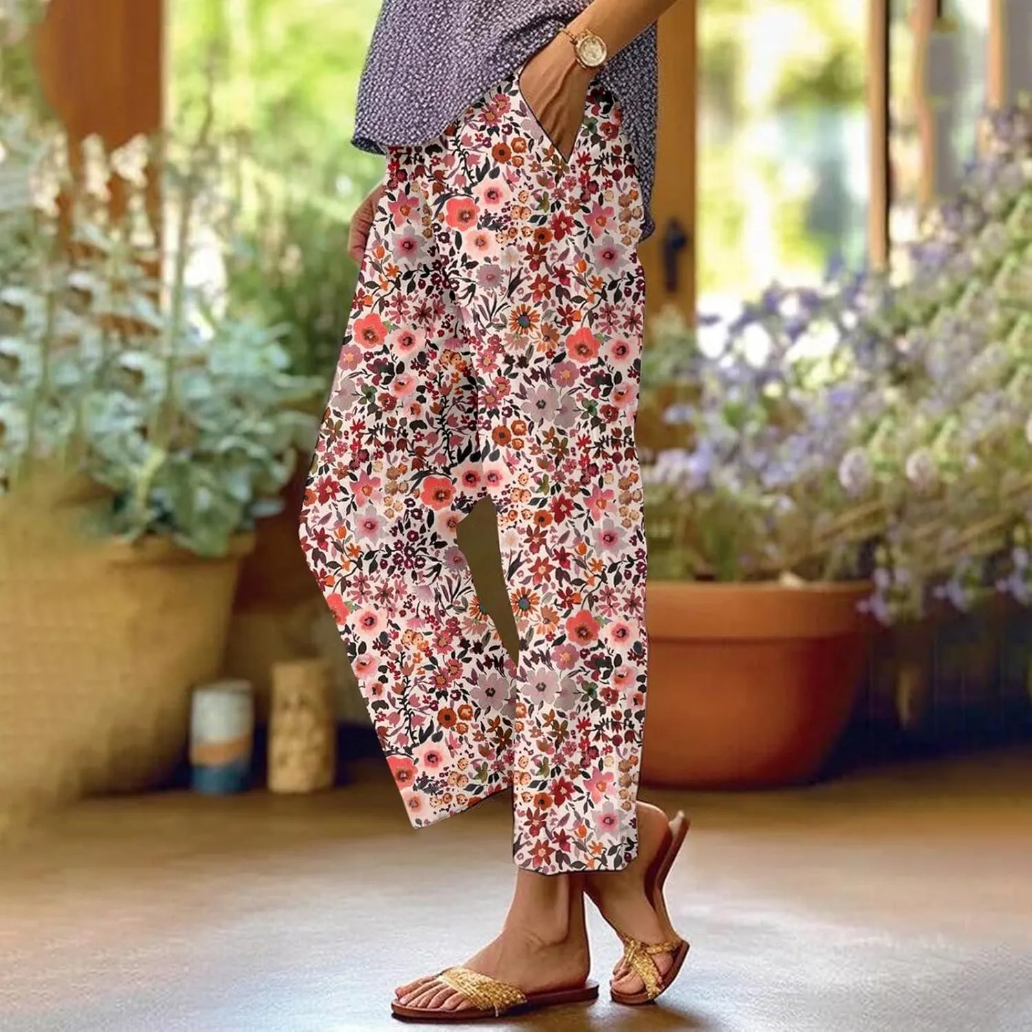 Cotton Linen Pants for Women Summer Retro Floral Cropped Elastic Waist Wide Leg Boho Beach Trouser with Pockets