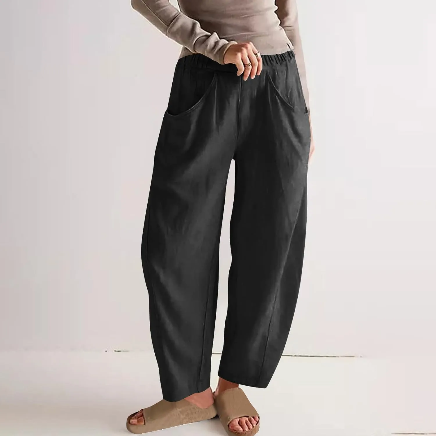 Cotton Linen Pants for Women Wide Leg Lounge Trousers Elastic High Waist Casual Summer Beach Pants Vacation Outfits