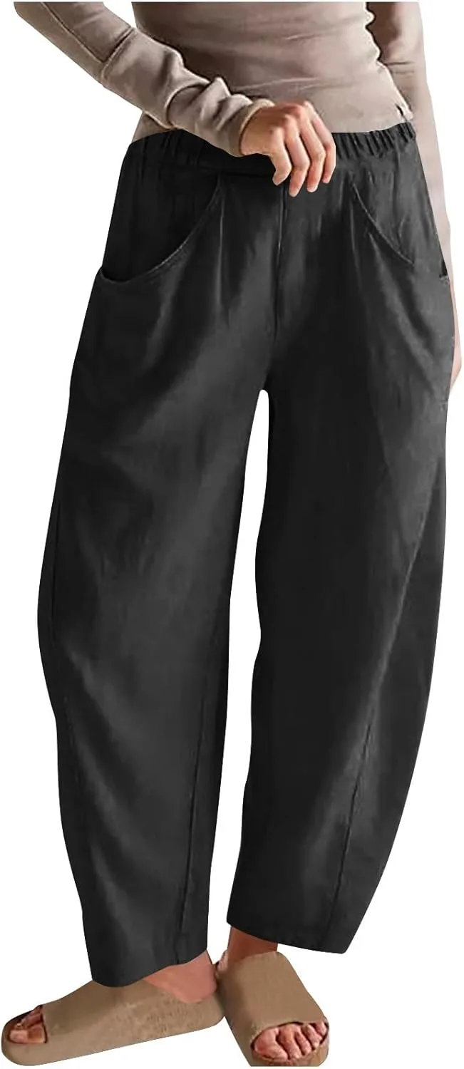 Cotton Linen Pants for Women Wide Leg Lounge Trousers Elastic High Waist Casual Summer Beach Pants Vacation Outfits