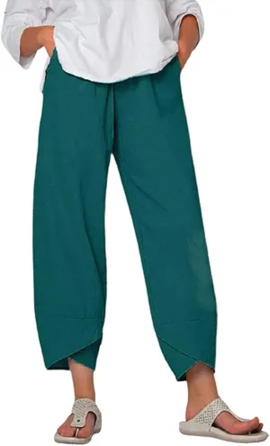 Cotton Linen Pants Women 2024 Casual Summer Capri Pants Slit Cropped Comfy Baggy Trousers Lightweight with Pockets