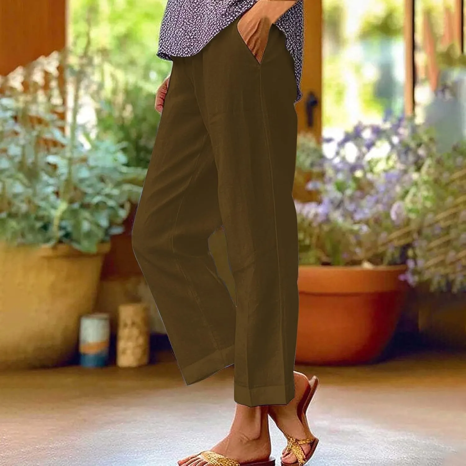 Cotton Linen Pants Women 2025 Summer Elastic Waist Crop Pants Plus Size Straight Leg Slack Trouser with Pocket