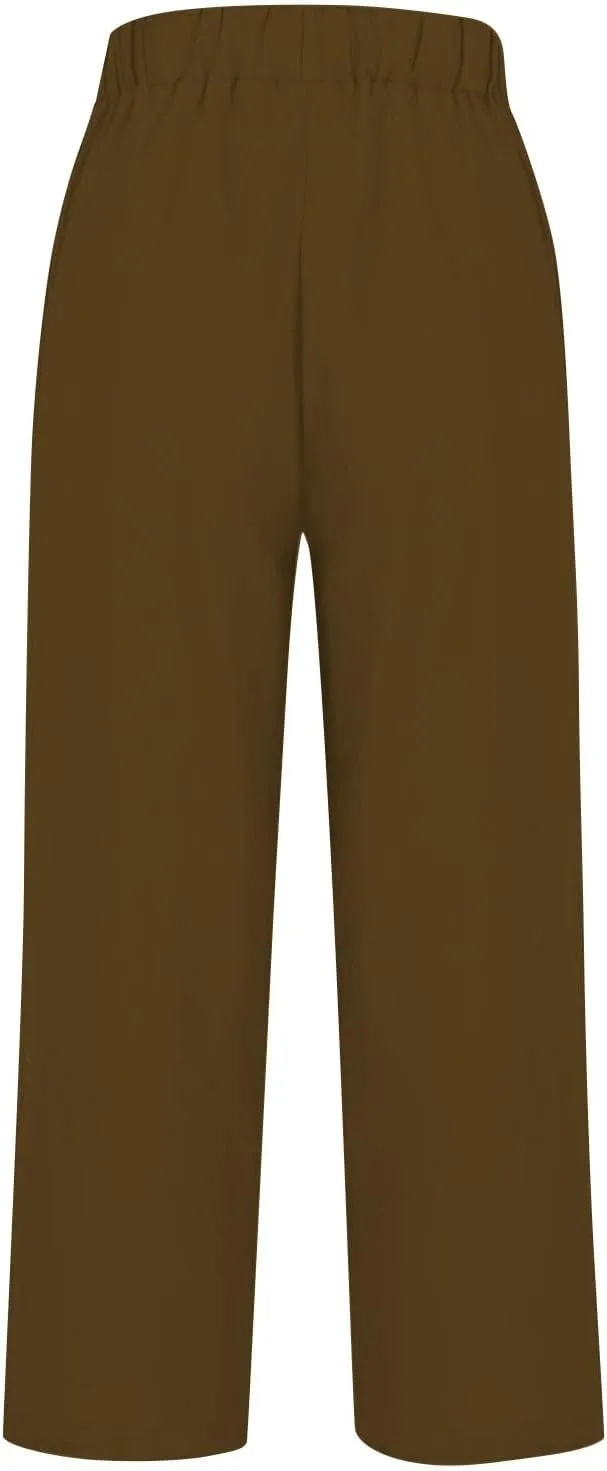 Cotton Linen Pants Women 2025 Summer Elastic Waist Crop Pants Plus Size Straight Leg Slack Trouser with Pocket