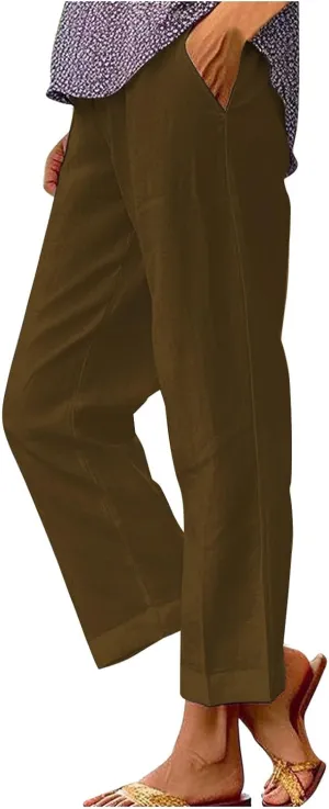 Cotton Linen Pants Women 2025 Summer Elastic Waist Crop Pants Plus Size Straight Leg Slack Trouser with Pocket