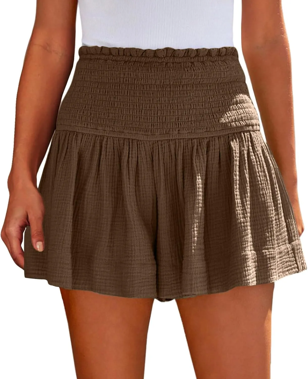 Cotton Linen Shorts for Women Trendy Smocked High Waisted Summer Shorts Casual Ruffle Wide Leg Lounge Short