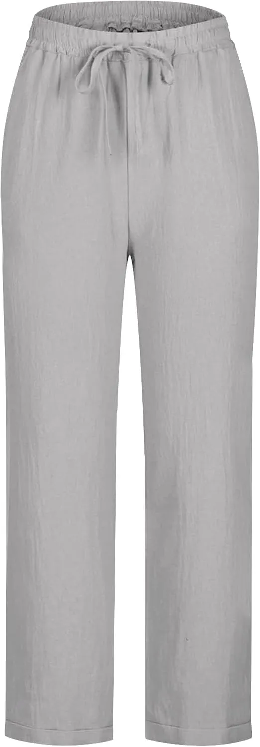 Cotton Linen Straight Leg Pants Women Summer Loose Fit Drawstring Elastic Waist Trouser Resort Casual Beach Pant Plus