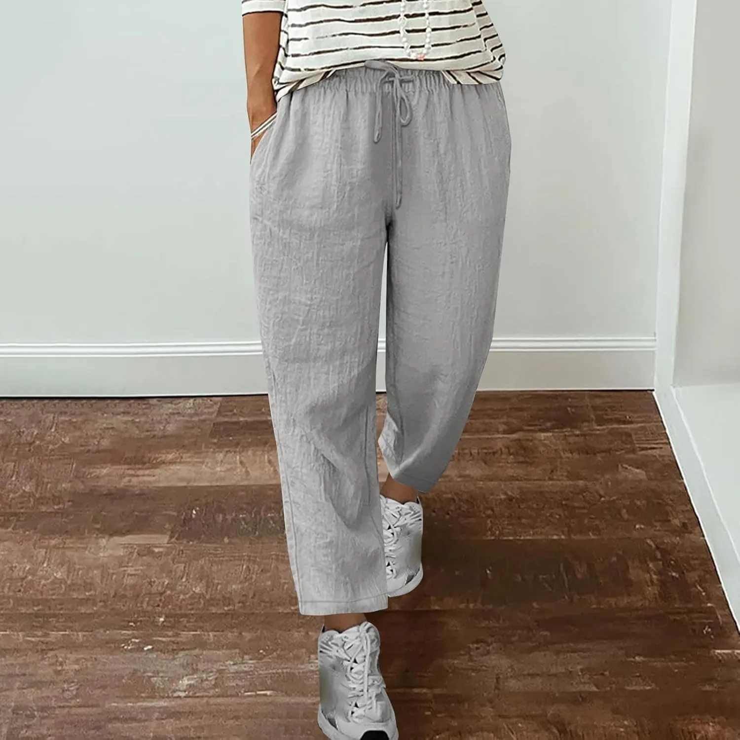 Cotton Linen Straight Leg Pants Women Summer Loose Fit Drawstring Elastic Waist Trouser Resort Casual Beach Pant Plus