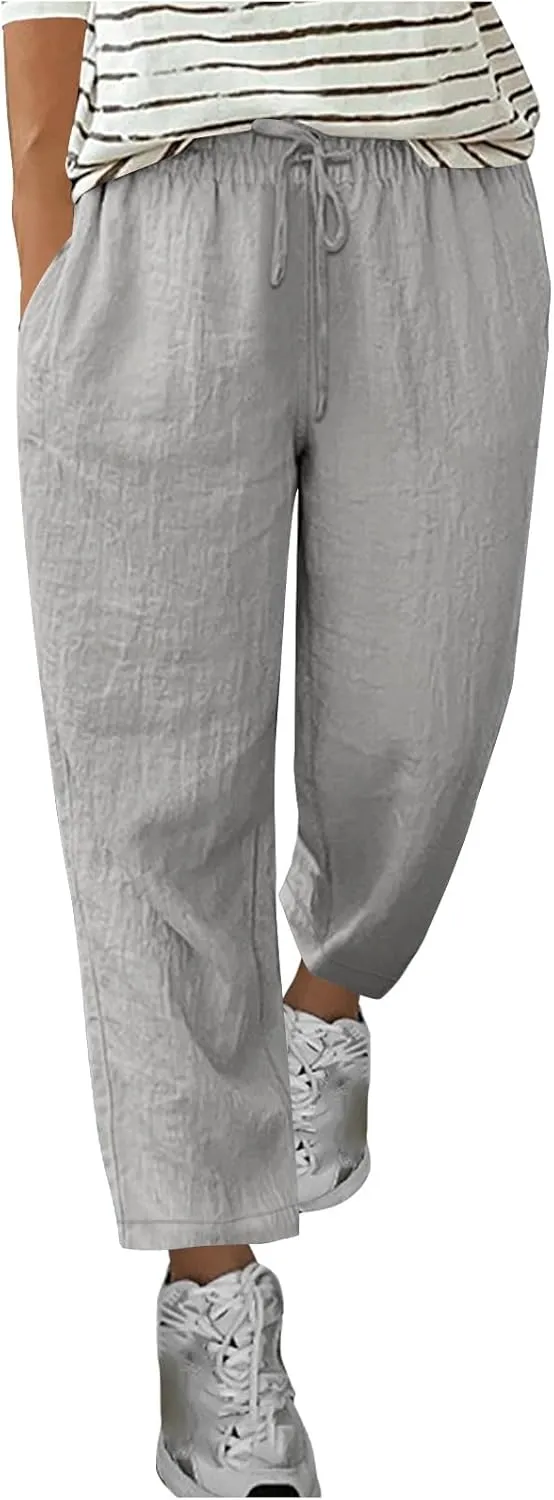 Cotton Linen Straight Leg Pants Women Summer Loose Fit Drawstring Elastic Waist Trouser Resort Casual Beach Pant Plus