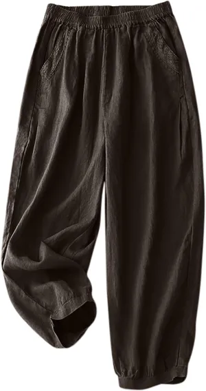 Cotton Linen Trousers Womens Solid Color Loose Straight Pants Casual Soft Lightweight Wide Leg Pants with Pockets