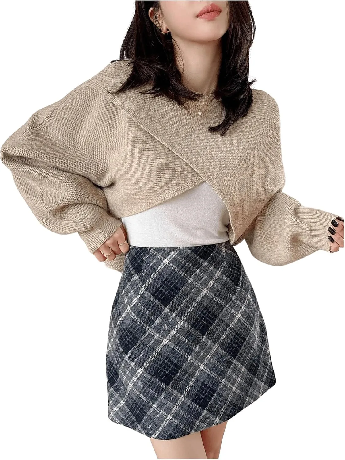 COZYEASE Women's Criss Cross Boat Neck Long Sleeve Crop Sweater Solid Casual Plain Sweater Coat