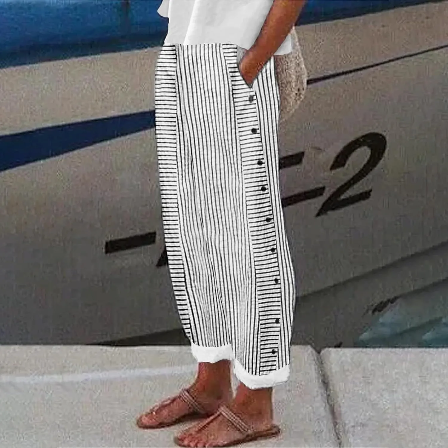 Cropped Linen Pants for Women Casual Straight Leg Elastic Waist Pants Printed Beach Summer Trousers with Pockets