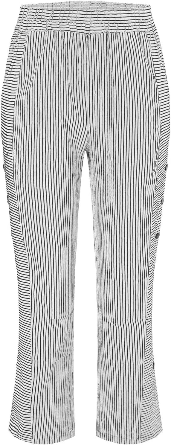Cropped Linen Pants for Women Casual Straight Leg Elastic Waist Pants Printed Beach Summer Trousers with Pockets