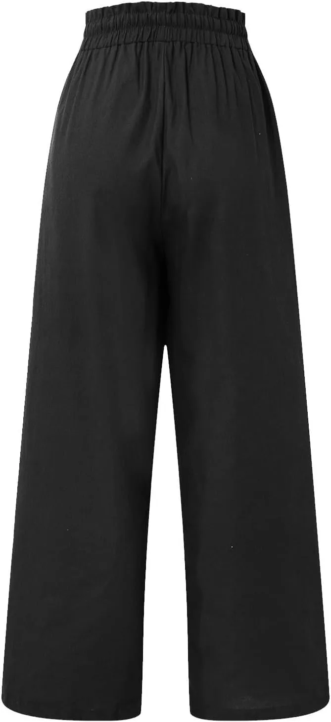 Cropped Wide Leg Linen Pants for Women Drawstring Elastic Waist Paperbag Pants Casual Loose Summer Beach Trousers