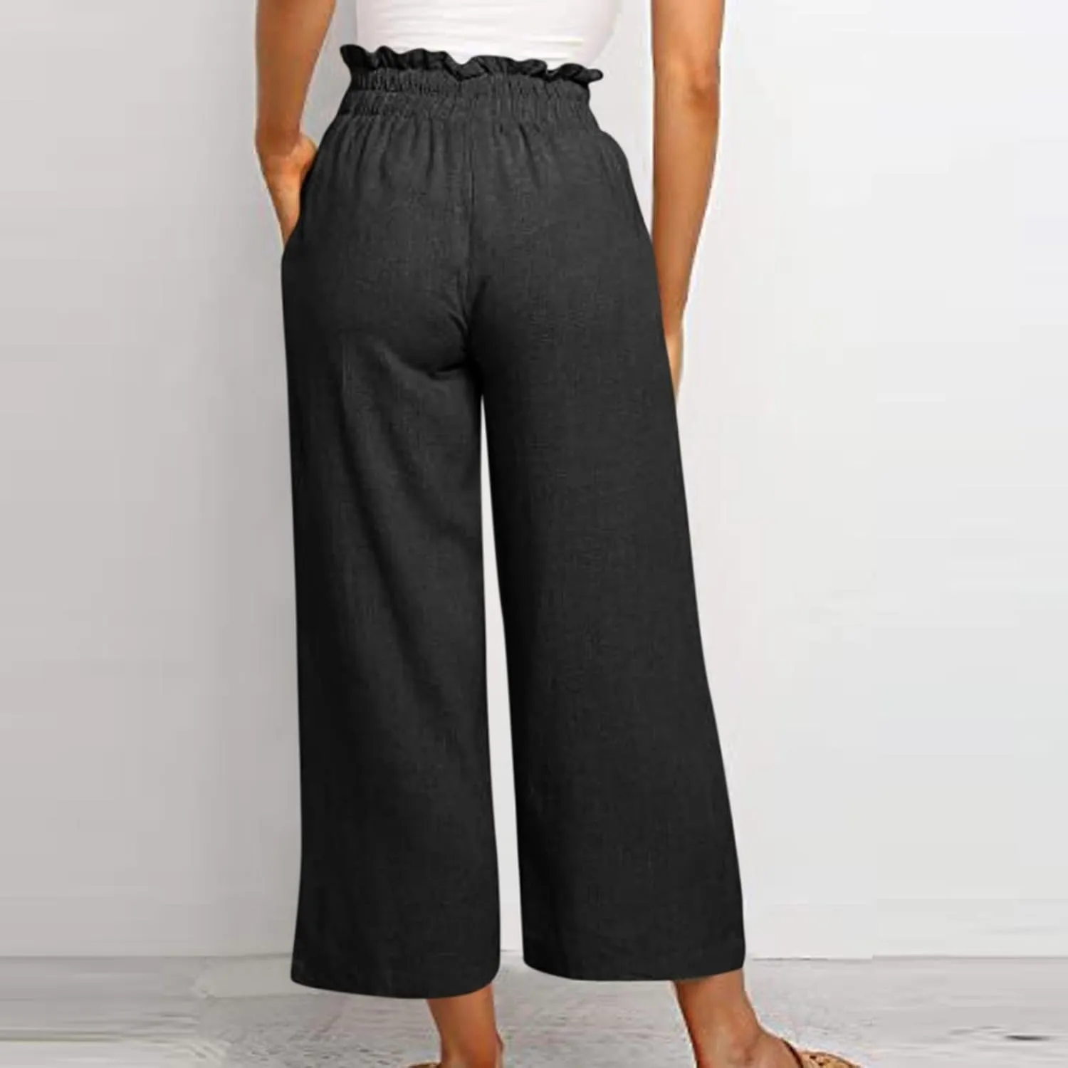 Cropped Wide Leg Linen Pants for Women Drawstring Elastic Waist Paperbag Pants Casual Loose Summer Beach Trousers